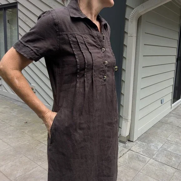 linen brown dress Brown Bliss Linen Dress - Cap Sleeves, Boat Neck & Princess Seams main image 1